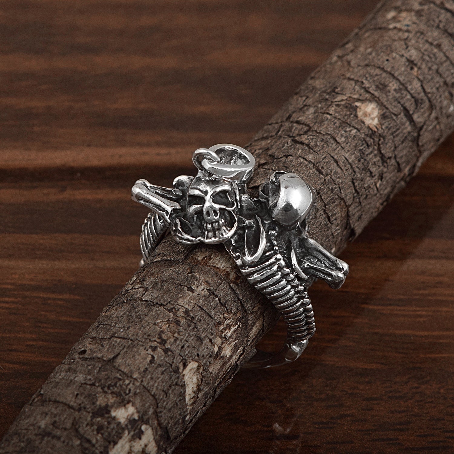 Skeleton Embrace Gothic Skull Pendant - Sterling Silver